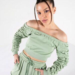 NWT Akira Sage/Mint Off Shoulder Ruched Sweatshirt Size S